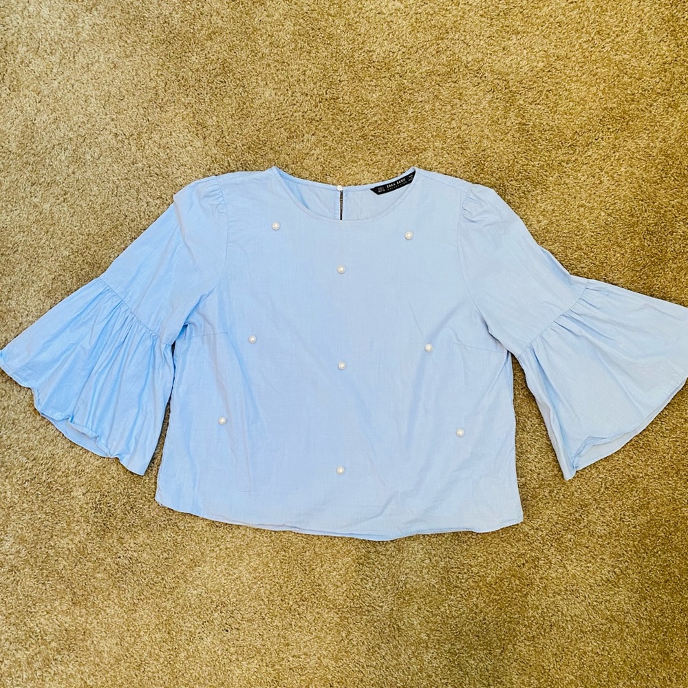 Zara Blue Chambray Cropped Top w/ Pearl Accents